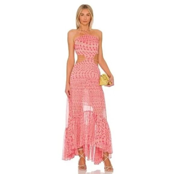 MISA Los Angeles Dalia Cutout Halter Chiffon Maxi Dress in Septima Geo Size S